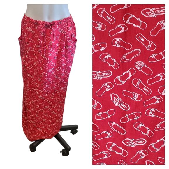 Vintage Stonebridge Red Maxi Skirt L Flip-Flop Sandals Print Linen Beach Travel - Picture 1 of 10